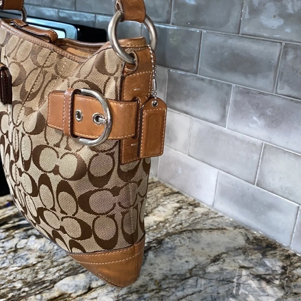 Coach  W Signature Logo W/Leather Trim Bag